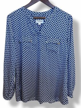 Norm Thompson Blue White Geometric Print Long Sleeve Blouse Top Medium